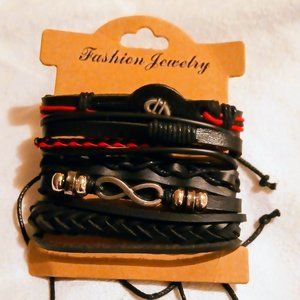 Multi Level leather bracelet features figure 8 and Money sign